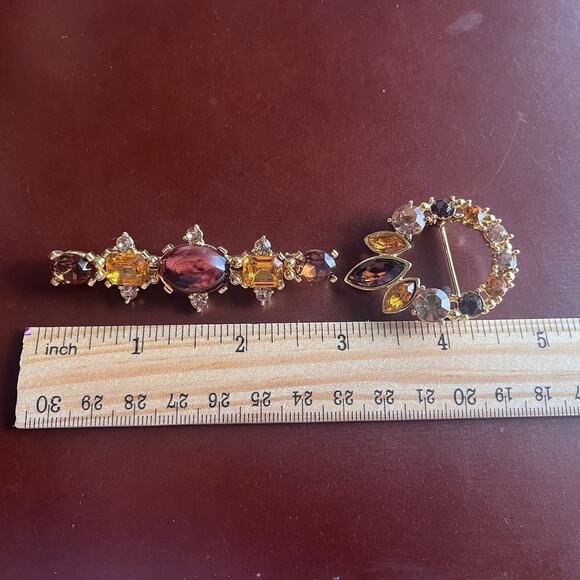 Lia Wreath Bar Brooch Pin G old Tone Lot Red Yellow Rhinestone Matching Gift Set - Picture 7 of 13